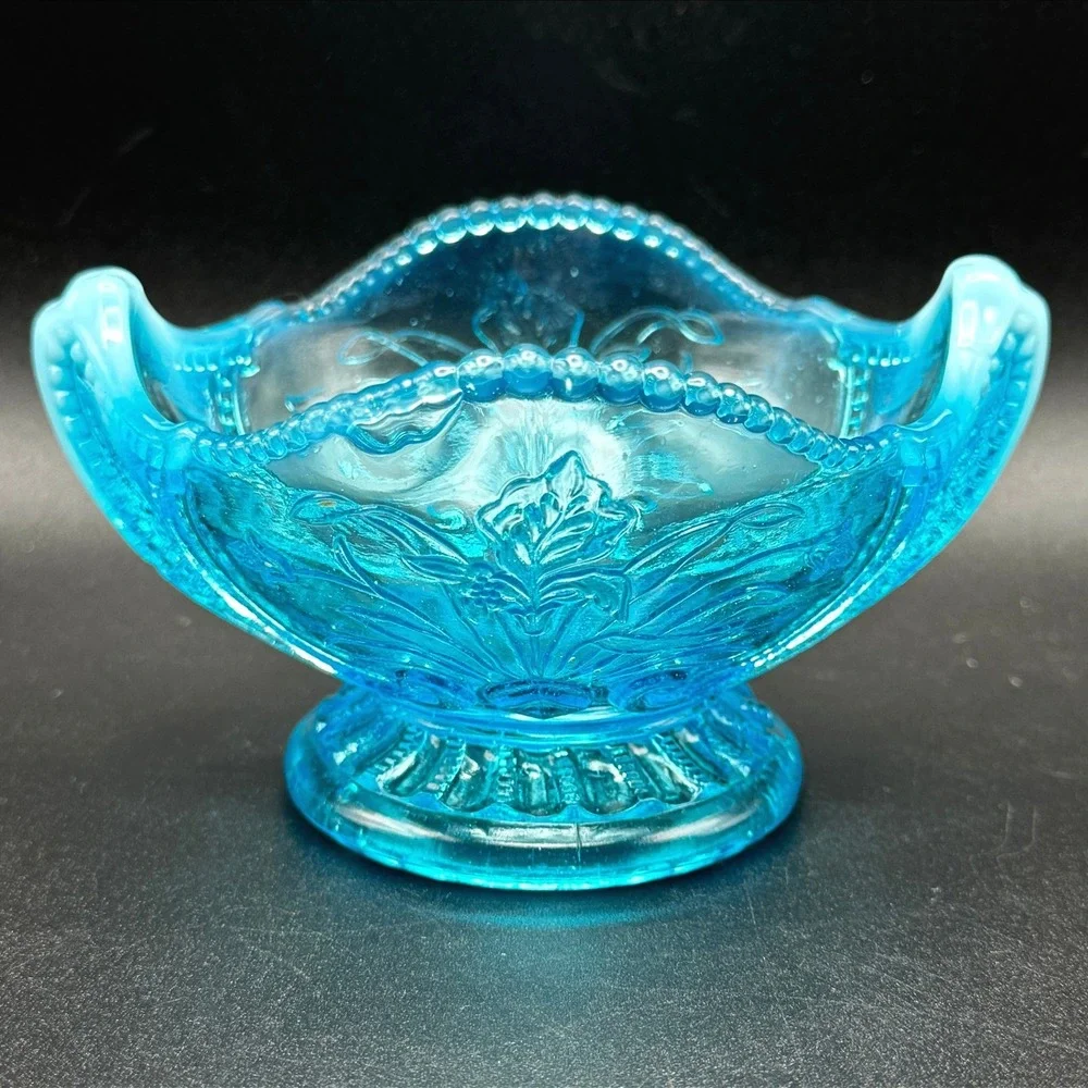 Antique Jefferson Glass Beaded Fleur de Lis Blue Opalescent Bowl c1905 Candy Nut
